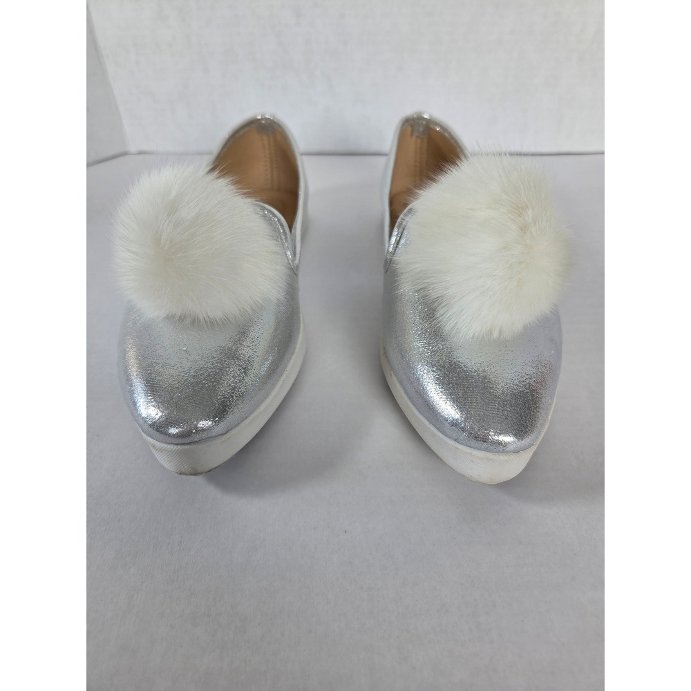 Bolaro Silver Metallic Pom Pom Loafers Pointed Toe Slip On Flats Womens Size 9